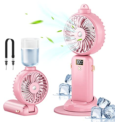 Handventilator Mit Sprühnebel Akku Aufladbar, Klein Usb Handventilator Leise Faltbar 5windgeschwindigkeiten, Mini Hand Ventilatoren Mit Wasser Batteriebetrieben Sommer Geschenk (Rosa 5000mAh)