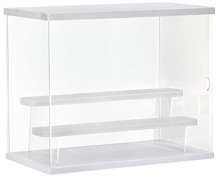 sourcing map Transparente Acryl-Vitrine mit LED-Licht, 2 Ebenen, staubdicht, Schaukasten, zusammenbauen, Würfel, Aufbewahrungsboxen, Ständer für Sammlerstücke, Actionfiguren (32 x 18 x 26 cm), Weiß