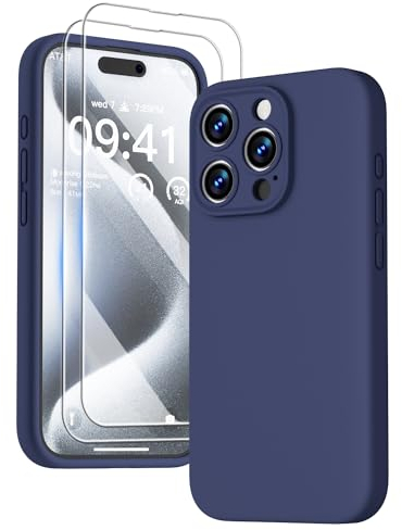 GOODVISH 3 in 1 Case for iPhone 15 Pro Case, [2X HD Screen Protector][Upgraded Camera Protection] Shockproof Liquid Silicone Soft Microfiber Lining Smooth Protective Phone Case Cover 6.1, Navy Blue