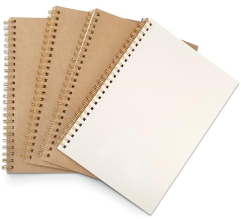 JIANTA A5 Quaderno a Spirale Vuoto, Confezione da 4 Quaderni con Rilegatura a Spirale, 100 Pagine/50 Fogli Bianchi, Copertina in Carta Kraft, Blank A5 Notebooks per Schizzi, Diario, Appunti