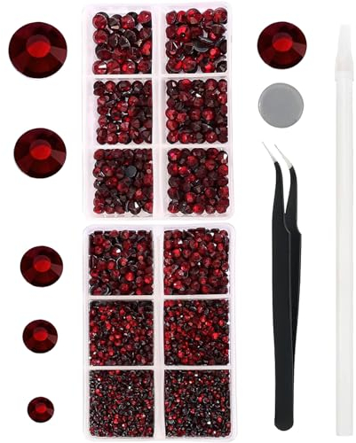 YHMQ DU 6616 Stück dunkelrote Hotfix-Strasssteine, Kristallsteine, Glas, für Stoff, Kleidung, Hemden, funkelnd, flache Rückseite, rund, mit Pinzette und Picking-Stift (SS6~SS30-Set)