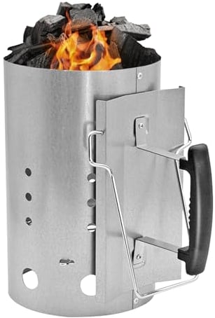 paxlloonge Anzündkamin, 19X30CM Tragbarer Kohleanzünder, Grillkamin für Holzkohle und Briketts, Anzündkamin Edelstahl mit Griff und Kipp-Hilfe, Silber