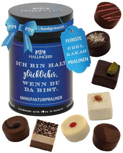 Hallingers Genuss Manufaktur Pralinen Valentinstagsgeschenk - ohne Alkohol, handmade aus Confiserie-Edelkakao in wertiger Geschenkdose Blue, Ich bin h..., Valentintstag für Männer Freund