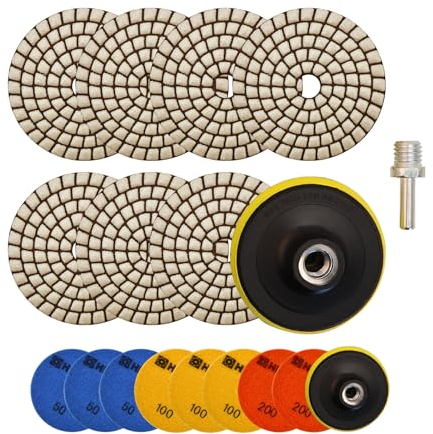 HIGHDRIL Almohadillas de pulido de diamante seco 10 piezas-8 piezas juego de pulido de mármol almohadillas de lijado grano 50*3/100*3/200*2+M14 plato de apoyo rosca+adaptador para granito, mármol,