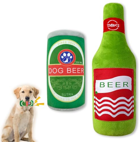 Duuclume 2 Pack Dog Squeaky Plush Toys Set, Funny Dog Chew Toys Beer Wine Bottle Shape,Interactive Water Bottle Dog Squeaky Toys, Puppy Birthday Gifts for Small, Medium and Large Dogs Green