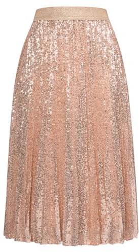 Sommerrock Lang A Linie Beige Einfarbig Elegant Pailletten Rock Hochzeit Business XL Aprikose -4