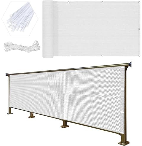 Balkon Sichtschutz Ohne Bohren 80 x 320 cm Windschutz Staubschutz Schattierwert Balkonsichtschutz Meterware mit Ösen, Kabelbinder Sichtschutz für Balkon, Weiß