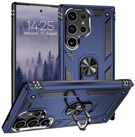 LBH Outdoor Hülle für Samsung Galaxy S24 Ultra Armor Militär Stoßfest Handyhülle 360 Grad Metal Ring Halter Ständer Schutzhülle für Handyhalterung Auto Magnet Blau