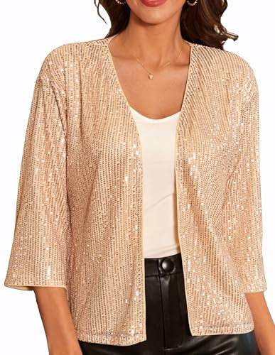 GRACE KARIN Damen Casual Cropped Pailletten-Cardigan 3/4 Ärmel Offene Blazer kurz Leicht Jacke Business Mantel Strickjacke Cardigan S Aprikose