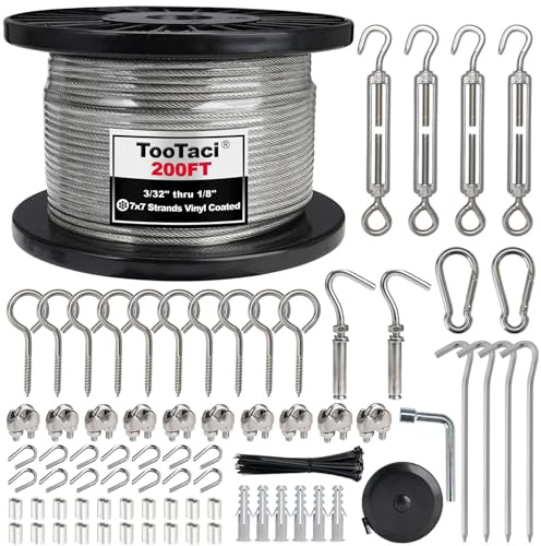 TooTaci Outdoor Strings Light Hanging Kit, 3mm Garden Wire Rope Kit | PVC Coated Steel Cable Heavy Duty & Turnbuckle Wire Tensioner for Sun Shade Fixing Kit/Climbing Plants Support/Fence Wire Kit