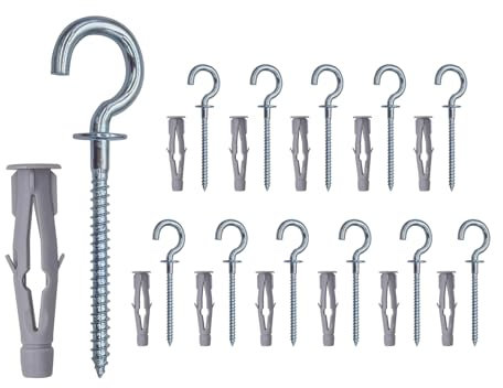 HomeHand Cup Hooks with Nylon Anchors Half Ring Eye Hook Screws Wall Mounting 12 Sets Drill Bit Included