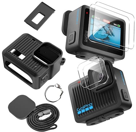 Rojeuinn per abito accessori GoPro Hero 2024, custodia in silicone + protezione schermo + copertura laterale, antipolvere, antigoccia, HD - Nero.