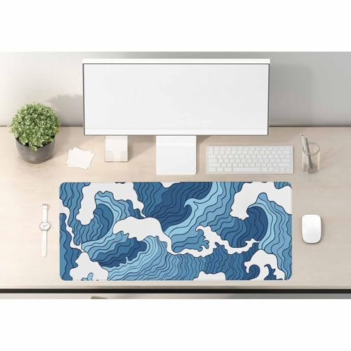 Woutay Desk Mat,Blue and White Waves,Mousepad with Non-Slip Base,Large Mouse Mat