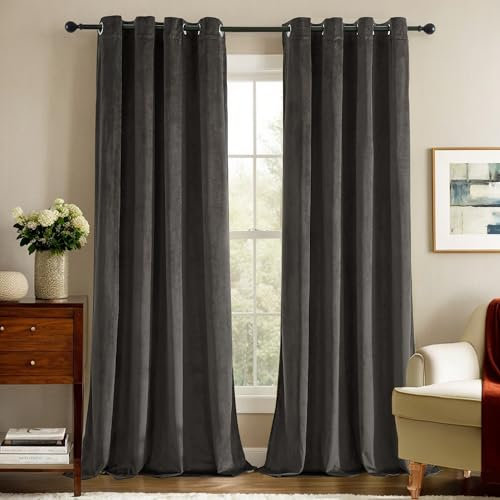 Deconovo Verdunklungsvorhänge Ösen Gardinen Blickdicht Samt Vorhang Thermovorhänge Vorhänge fürs Kinderzimmer, 260x140 cm(HöhexBreite), Anthrazitgrau, 2er Set