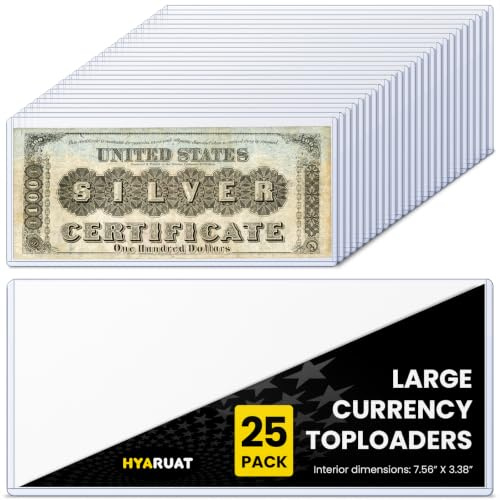HYARUAT 25 Pack Large Currency Toploader, 7 x 3 Money Sleeves Holders | 7.56 x 3.38 In 39PT Rigid PVC Dollar Bill Holders For Large Bills, Paper Currency Notes & Collectible Banknotes, Blue Tint