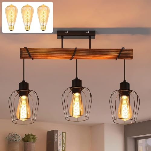 ZMH Retro Deckenleuchte Vintage Deckenlampe 3 flammige Holz Wohnzimmerlampe im Industrial Design mit höhenverstellbaren Strahlern aus Metall inkl. 3 × E27 2200K Leuchtmittel für Esszimmer