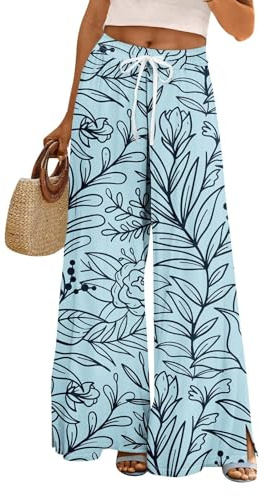 Uwdiohq Pantalon Fluide Femme été Pantalons Bohême Taille Haute Elastique Jambe Large Ample Léger Imprimé Pantalon Décontractée Longueur Pants Chic et Elegant avec Poches