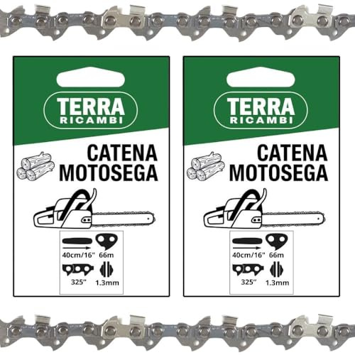 Set 2 Catene Motosega 325” 1.3mm – 66 Maglie per Barra 40cm/16 – Basso Contraccolpo, Alta Durata – Qualità Tedesca Terra Ricambi – Per Uso Agricolo, Forestale e Fai da te.