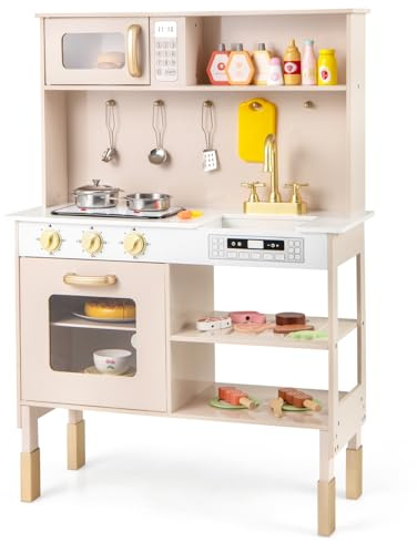 COSTWAY Kinderküche, Spielküche Höhenverstellbar inkl. Kochzubehör mit Licht & Sound, Holzküche mit Mikrowelle, Herd, Spüle & Ofen, Spielzeugküche für Kinder ab 3 Jahren