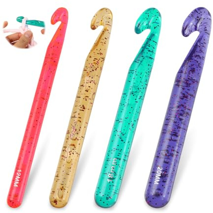 HMCEY 4 Stück Häkelnadel Set Glitzer 12/15/18/20 MM,Ergonomische HäKelnadeln für Anfänger,Crochet Hook,Dicke Nadel Zum HäKelnadeln für Arthritische Hände,Strick Zubehör für Häkelliebhaber - 4 Farbe