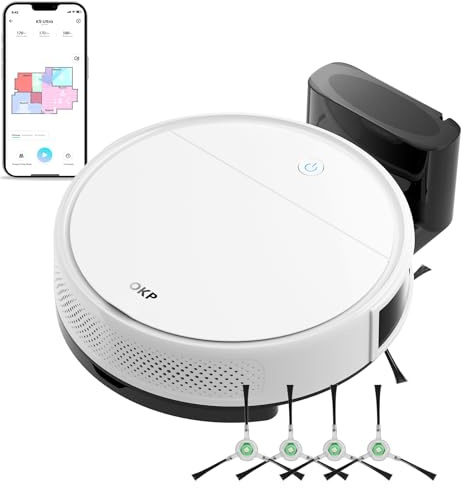 OKP Robot Vacuum Cleaner with Mop 3 in 1, 6000Pa Suction, 170min Runtime, Automatic Charging, WiFi/App/Alexa, Robotic Vacuums Ideal for Hard Floors Carpets Pet Hairs,K5 Ultra White