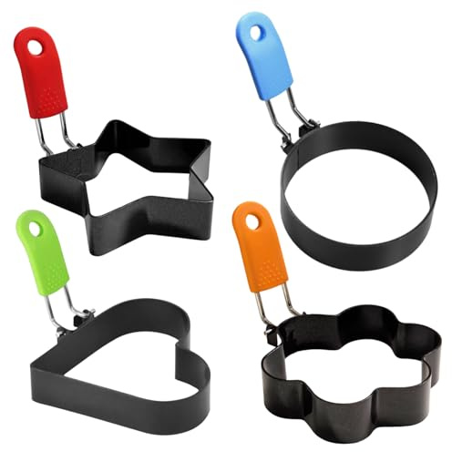 Egg Ring, 4 Pcs Stainless Steel Egg Rings with Anti-Scald Folding Handle | Non-Stick Fried Eggs Ring for Egg Frying Shaping Pancakes Mini Burger