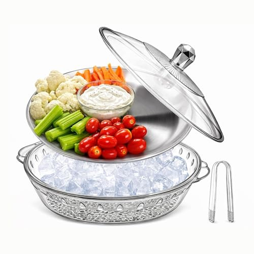 Punorric Charcuterie Boards 10in Stainless Steel Plate with Ice Tongs, Silver Trays for Food Serving, Serving Platters for Parties, Chilled Appetizer Ice Tray for Cheese, Fruit & Vegetables