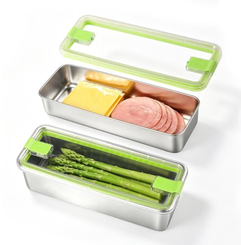 Misichao 2-Piece Stainless Steel Food Storage Containers with Clear Lids | 1100ml+1600ml Airtight Leak-Proof, Oven/Freeze/Dishwasher Safe, for Spaghetti Pasta Baguette Asparagus Deli Meat