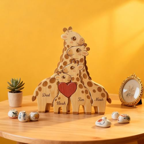 Drawelry Personalisiert Tier Kunstpuzzle Familien Namen Ornament, Holz Löwe Bär Wolf Figur Skulptur Puzzle Tischdekoration, Muttertag Vatertag Geburtstag Geschenk für Papa Mama Opa Oma (Giraffe-B)