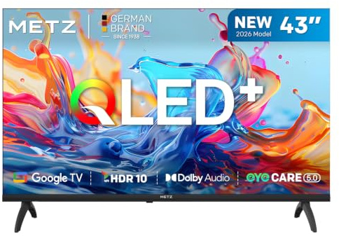 Metz 43 Pollici Smart TV con Google TV Televisore LED, Gen 6 QLED +, HDR 10 Dolby Audio Bluetooth 5,1 EyeCare DVB-T/T2/C/S/S2 CI+ HEVC Main10, 1.5GB RAM Upgrade (43MQH7000Z, 2026 Nuovo Modello)