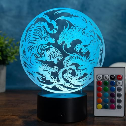 Generisch Yin Yang LED Lampe – Tiger & Drache Motiv, Deko Lampe rund, Geschenk für Männer & Tierliebhaber, dimmbar mit Fernbedienung, Farbwechsel