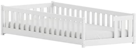 LANO meble Niedriges Kinderbett Zoya 90x190 Weiß mit Sicherheitsgittern und Matratzenauflage