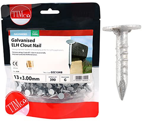 TIMCO Galvanized ELH Clout Nails - 13 x 3.00 - Extra Clamping - Perfect for Fitting Roofing Felt and plasterboard - 0.5kg Bag - Silver
