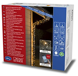Konstsmide LED Lichterketten, mit Multifunktion, frei wählbarem Timer/Dimmer, reagiert auf Musik, Appgesteuert (Android/IOS), 400 bernsteinfarbene Dioden, 24V Außentrafo, schwarzes Kabel - 6544-870