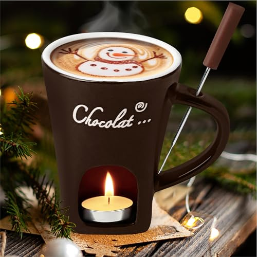 Hot Chocolate Fondue Mug Set – Ceramic Chocolate Melting Fondue Cup with Fork and Tealight, Personal Cheese,Sweet Caramel Melting and Butter Warmer Pot Gift Set for Christmas, Birthday,Wedding