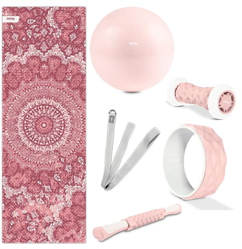 FITFIU Fitness KITWELL-600 - Kit pilates rose 6 accessoires avec tapis design mandala, brique yoga, ballon gym, wheel yoga, rouleau de massage des pieds, rouleau de massage et ceinture