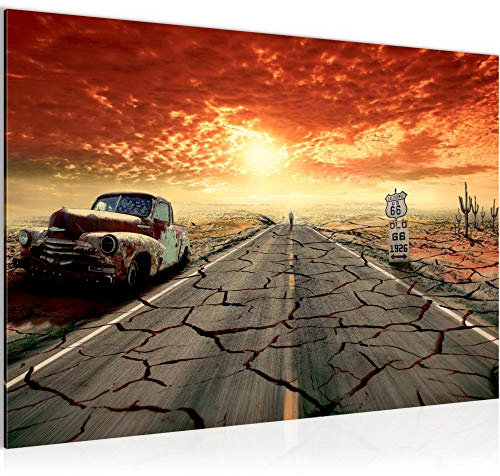 Runa Art Quadro Macchina Route 66 Moderni Murale - Made in Germany - Veicolo d'Epoca Beige Arancio Corridoio 600315a