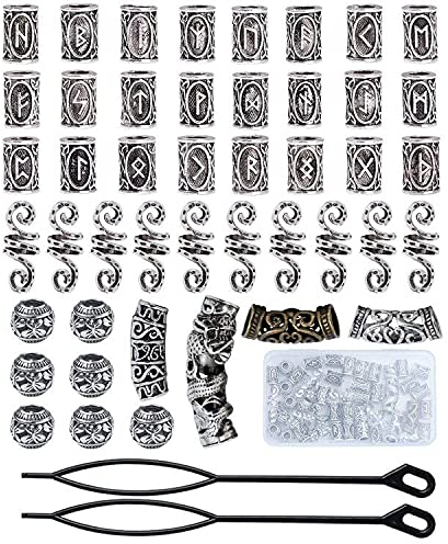 Queta Wikinger Rune Perlen, Nordic Bartperlen, Flechtperlen, Haarperlen, Haarverlängerung Nadel Einfädler Schlaufennadel Microringnadel für Haar Bart Schmuck DIY Halskette Halskette Anhänger (Silber)