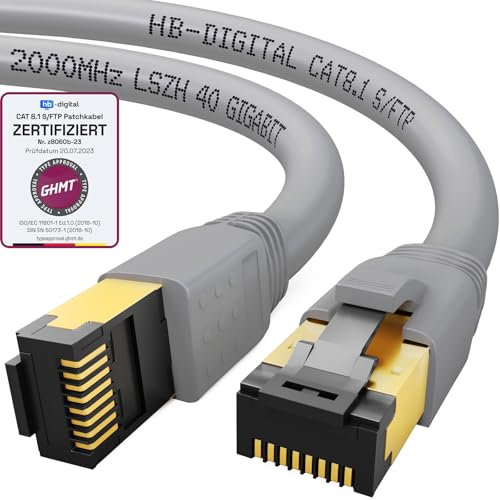 HB-DIGITAL 0,5m cable de conexión CAT 8.1 cable de red LAN S/FTP PIMF 2xRJ45 enchufe cobre LSZH libre de halógenos RoHS-Compliant 40 Gbits puerto Ethernet 2000 MHz Internet DSL PC módem TV gris