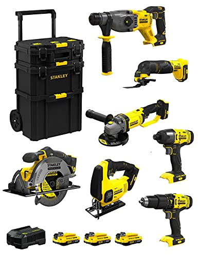 STANLEY FatMax Kit SVK708 (SFMCH900 + SFMCG400 + SFMCD711 + SFMCF800 + SFMCS500 + SFMCS600 + SFMCE500 + 3 Batterien 2,0 Ah + Ladegerät + Caddy 3in1)