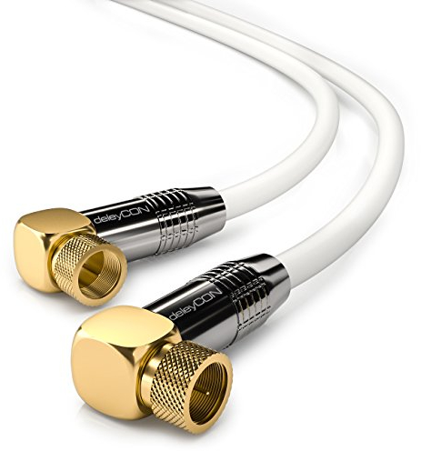 deleyCON 20m Câble D'Antenne SAT HDTV Câble Satellite Câble Coaxial 2x Coudé - Connecteur F (90° degré) vers Connecteur F (90° degré) - Connecteur Métallique - Blanc