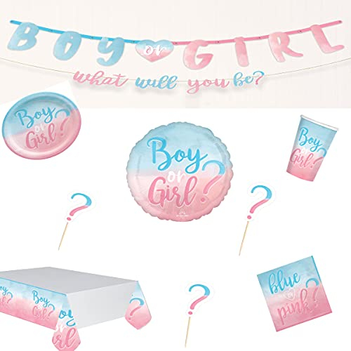 Baby Shower Kit Festa Gender Reveal Set Party Addobbi Decorazione Girl or Boy Composto da 16 Piatti 16 Bicchieri 1 Tovaglia 1 Palloncino 24 Astine Decorative 16 Tovaglioli 1 Festone con Scritta