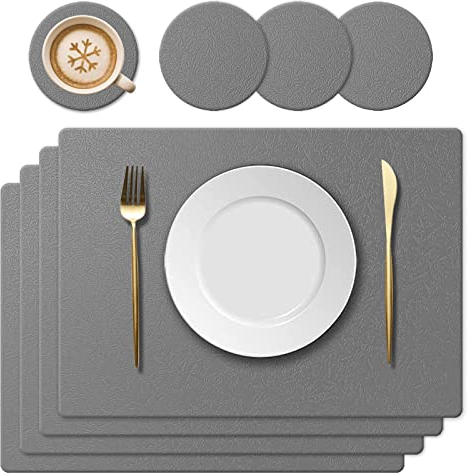 KERYCHIN 4 Platzdeckchen aus Silikon und 4 rutschfest Tischuntersetzer mit Blattmuster, Hitzebeständig 230°C, Wasserdicht Platzset für Küche, Zuhause, Restaurant, Speisetisch, 40x30cm, Dunkelgrau