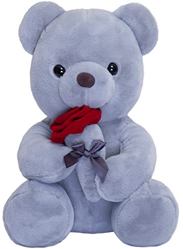 SNOWOLF Teddy Bear Plush Toy with Rose, Cute Stuffed Toy Cushion Bear Doll Gift for Children Boys Girls Birthday Christmas Valentine's Day (23 cm, Grey)