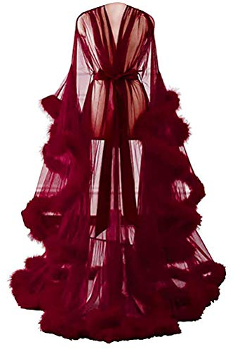 Minetom Maxikleid Damen Langes Kleid Langarm Sexy Perspektive Bademantel Nachtwäsche Festliche Kleid Gürtel Weinrot Einheitsgröße