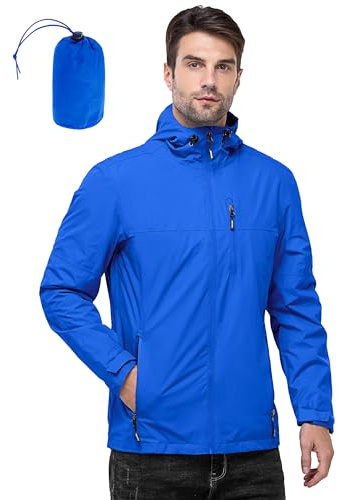 Outdoor Ventures Men's Lightweight Waterproof Jacket Windproof Rain Coats Pack Away Hooded Jackets Windbreaker for Camping Fishing Running Cycling Bright Blue S