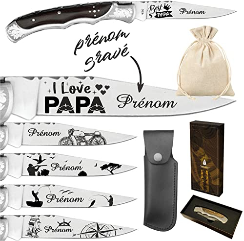 Couteau Marque Laguiole Bougna personnalisé avec dessin et prénom gravé. Cadeau pour homme : fête des pères, papa, Papi, papy anniversaire, noël, Saint Valentin