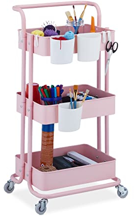 Relaxdays Rollwagen, 3 Etagen, 2 Bremsen, Allzweckwagen für Küche und Büro, Rollregal HBT 86x38x39 cm, Metall, rosa