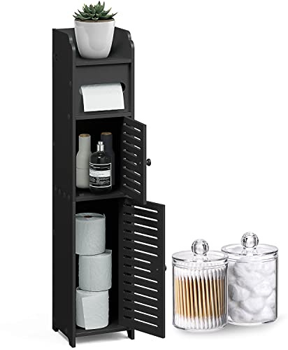 Hearth & Harbor Organiseur de Salle de Bain, Armoire de Rangement de Salle de Bain avec Portes pour Papier Toilette, Armoire de Salle de Bain sur Pied avec 2 Pots décoratifs apothicaires, étagère de