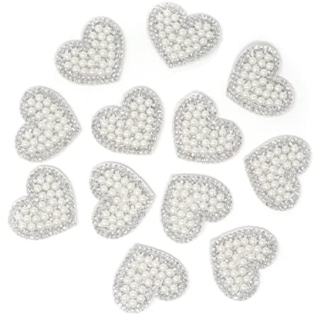 Honbay 12PCS Rhinestone Sew On Patches Heart Glue On Patches White Pearl Glitter Applique for Clothes Decoration and DIY Craft Supplies